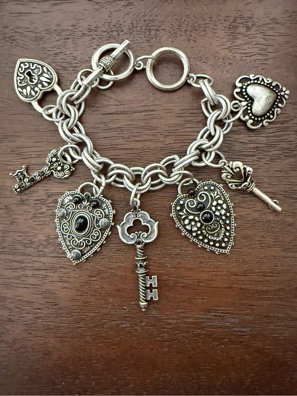 Silver-Tone Heart & Key Charm Bracelet
